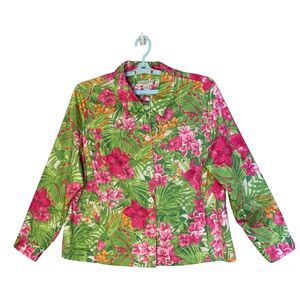 Appleseeds Floral Jacket 22W Green & Pink Button Up Pockets Island Hawaiian Girl